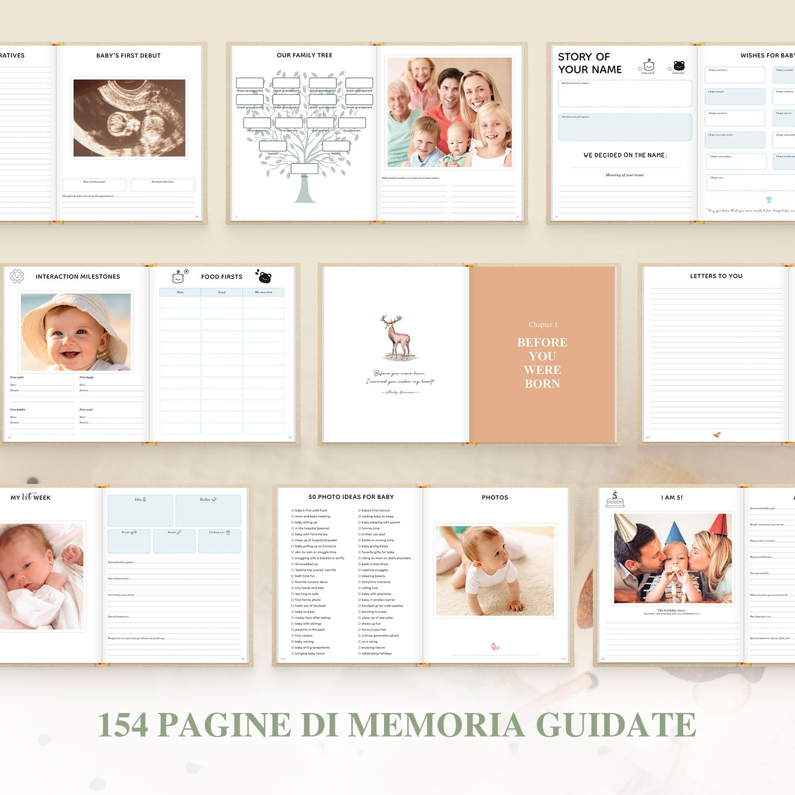 Lanpn Album Nascita Bambino e Bambina, Libro dei Ricordi Neonato per Primo Anno a 5 Anni, Albums Fotografico Neonato per Incollare Foto e Scritte, Diario Regalo Bimbo (Beige, 154 Pagine, Inglese)