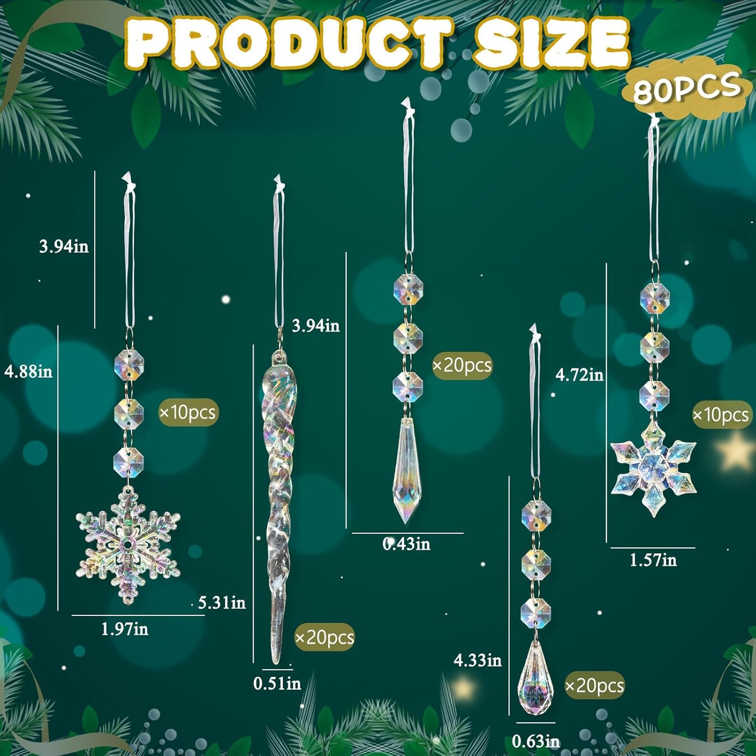 32pcs Christmas Decoration Crystal Ornaments - Iridescent Christmas Tree Ornaments Acrylic Snowflakes Drop Icicle Pendants Hanging Ornaments for Xmas Tree Winter Holiday Frozen Party Decorations