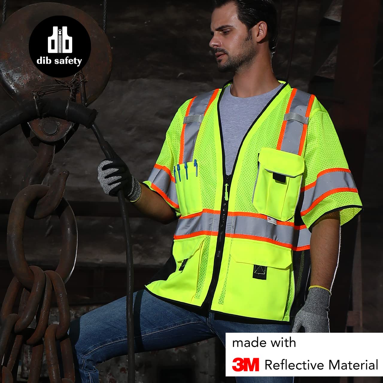 Dib Safety Gilet réfléchissant haute visibilité avec poches et fermeture éclair, bleu, taille L, bleu, Grand