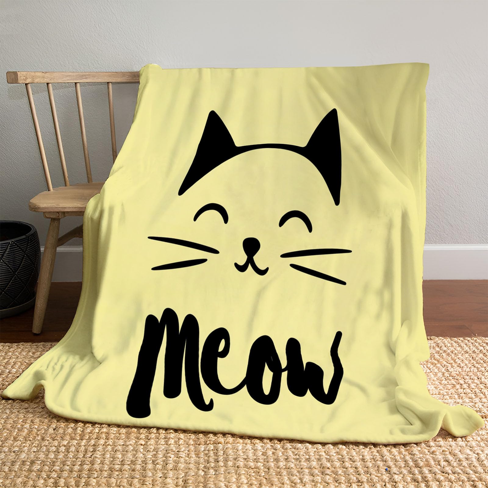 Manta Lindo Dibujo Animado, Manta con Estampado Gato Palabra Suave y cómodo, Toda La Temporada Ligera Amarillo Mantas para sofá, para Cama Sofá decoración de Habit 220x240 cm