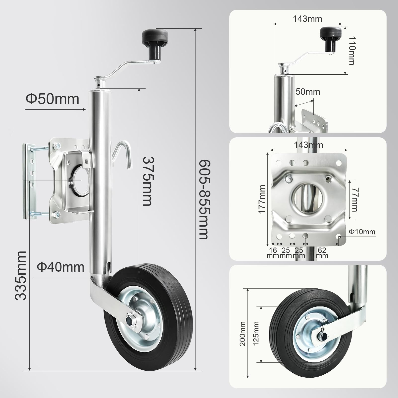 HEYOUTH Koło podporowe do przyczepy 580 kg, automatyczne koło stabilizujące 200 x 50 mm o średnicy rury 48 mm, regulowana wysokość 260 mm, zestaw montażowy w zestawie do przyczep samochodowych