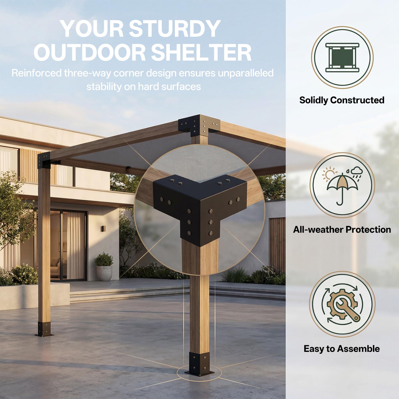 8 PCS Pergola Gazebo Brackets-Kits, 4x4'' (Actual: 3.5x3.5''), 4Pcs 3-Way and 4Pcs One-Way DIY Pergola Corner Bracket Wood Beams, Metal Bracket Suitable for Outdoor Pergolas,Gardens - 2