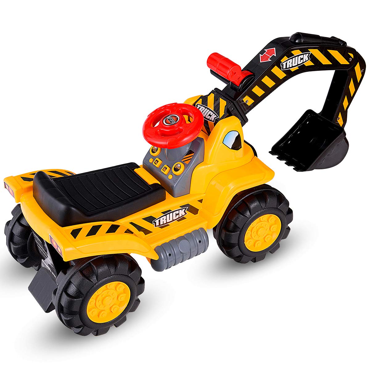 COSTWAY Sitzbagger mit eingebautem Ablagefach, Kinderbagger mit Horn, Sandbagger, Rutscher Bagger, Schaufelbagger, Aufsitzbagger für Kinder ab 3 Jahren, inkl. 3 Steine und Helm