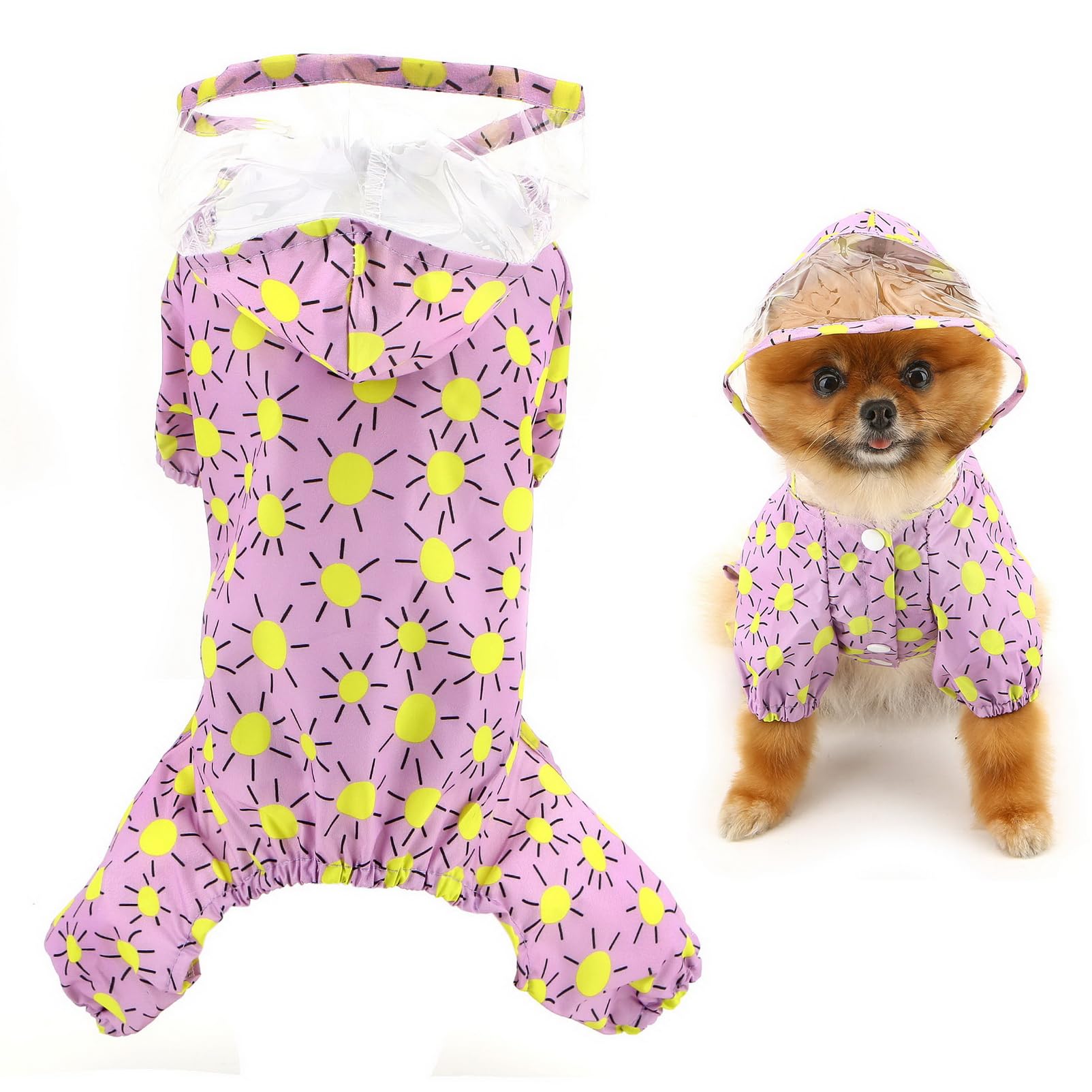 SMALLLEE_LUCKY_STORE Cute Cartoon Waterproof Dog Raincoats for Small Dogs with Clear Hood and Leash D-Ring Lightweight Pet Rain Jacket Puppy Poncho Chihuahua Clothes, Purple, XL