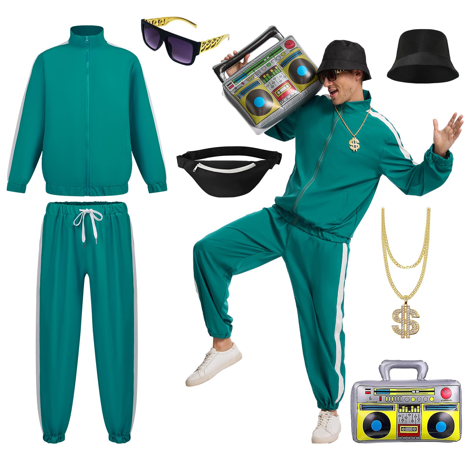 JDFAIJEAL Hiphop Costume Set for Men, Black Tracksuit with Hat, Glasses, Gold Round Necklace, Fanny Pack & Boombox Balloon