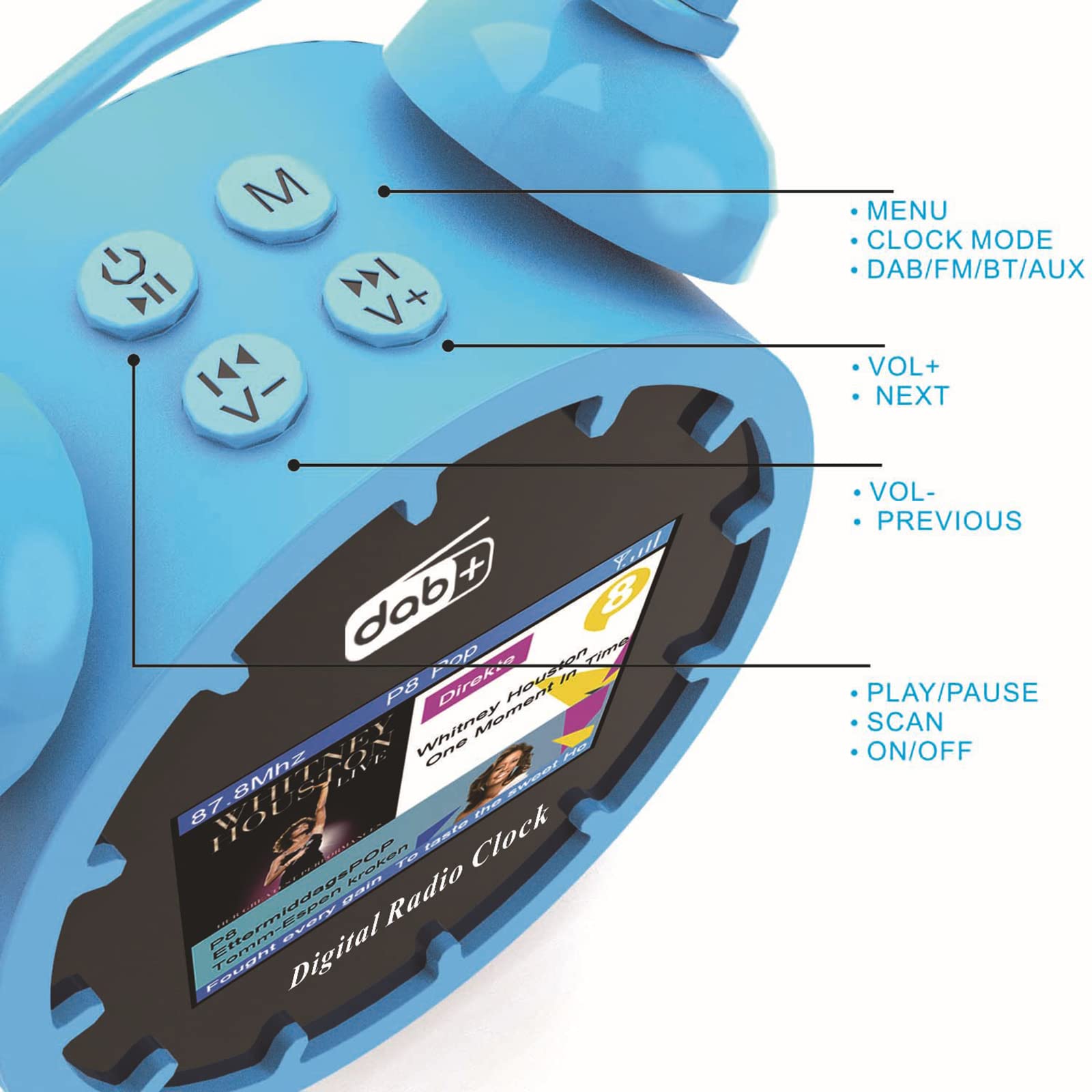 Dab/Dab+ FM Radio avec Bluetooth, LCD Couleur Radio-réveil numérique, avec Fonction de Charge USB, Deux alarmes, Fonction Snooze