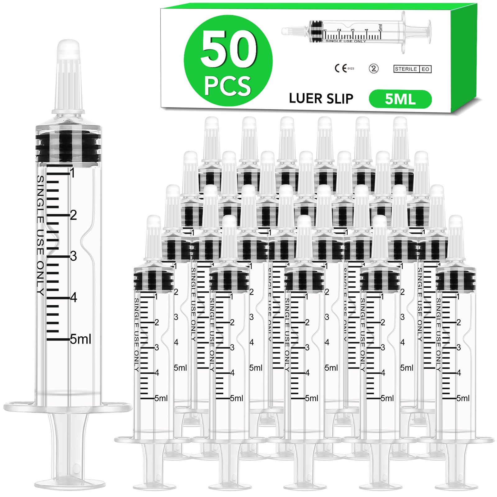 50 PCS 5ml Syringe with Cap for Liquid, Oral Syringe without Needle for Medicine Dropper, Colostrum Collect, Liquid Measuring, Individually Sealed, Luer Slip