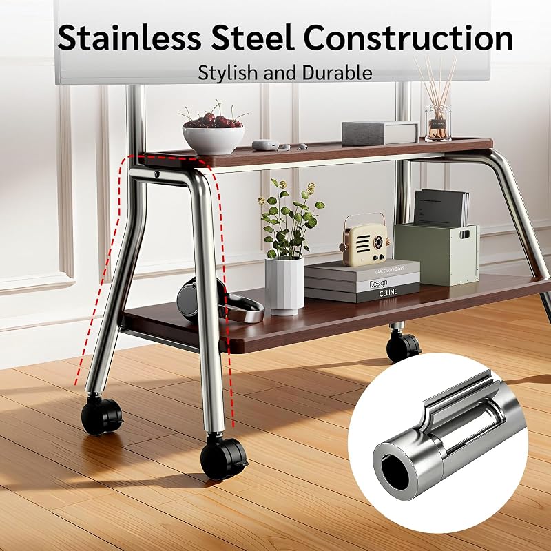 Mobile TV Stand on Wheels for 32-90 Inch TVs | Heavy-Duty Rolling TV Cart, Up to 132 lbs, 360° Swivel & Lockable Caster Wheels, 2-Tier Storage Shelf, Max VESA 600x600mm image 6