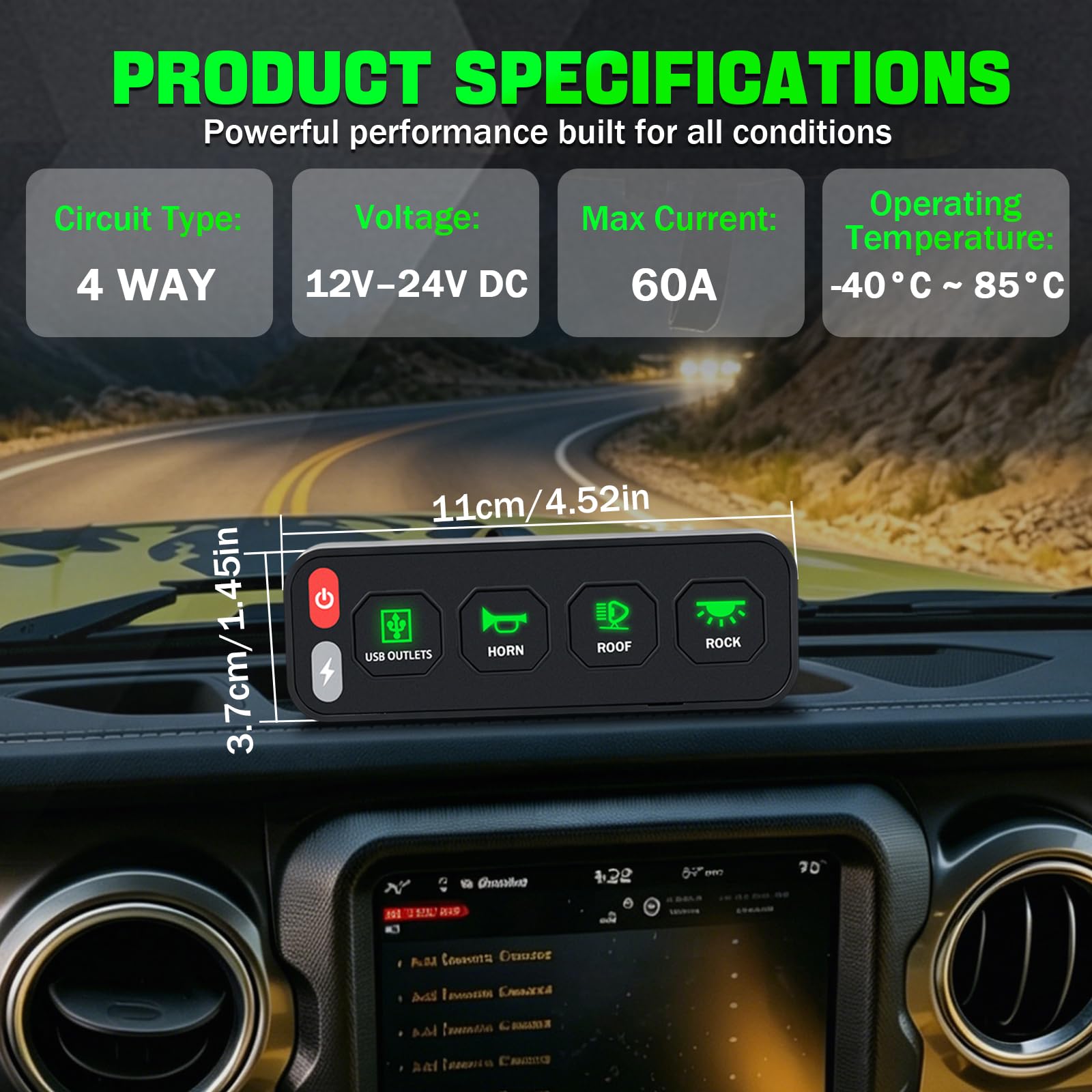 Chelhead Panel de conmutación inalámbrico de 4 marchas, panel de interruptor de una fila para vehículos con función estroboscópica de conmutación 12 V – 24 V, sistema de control de relé universal