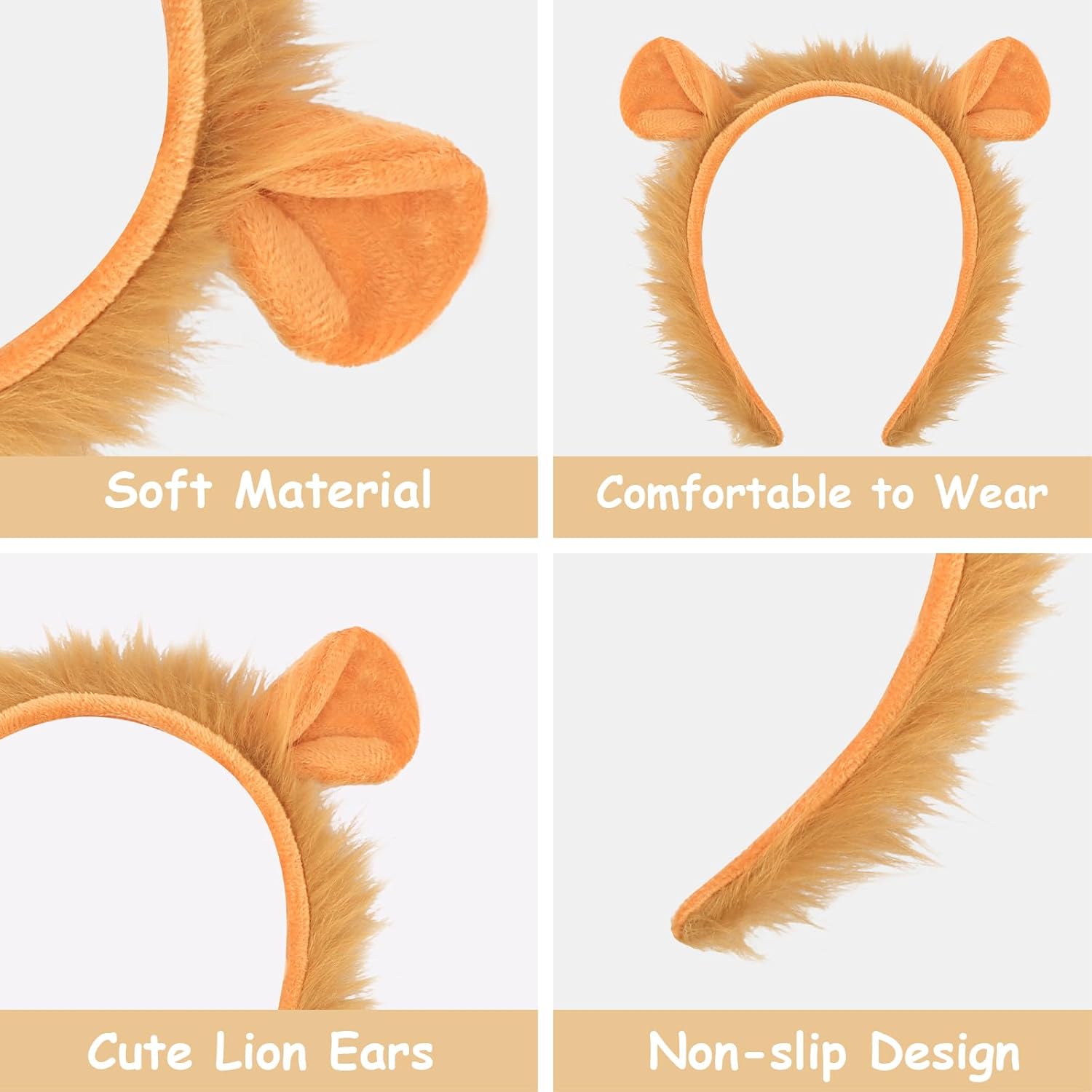 2Pcs Lion Ears Headband for Women and Girls, Furry Animal Ears Headbands Hair Accessories for Adult Halloween Cosplay Costume Makeup Washing Face - Image 3