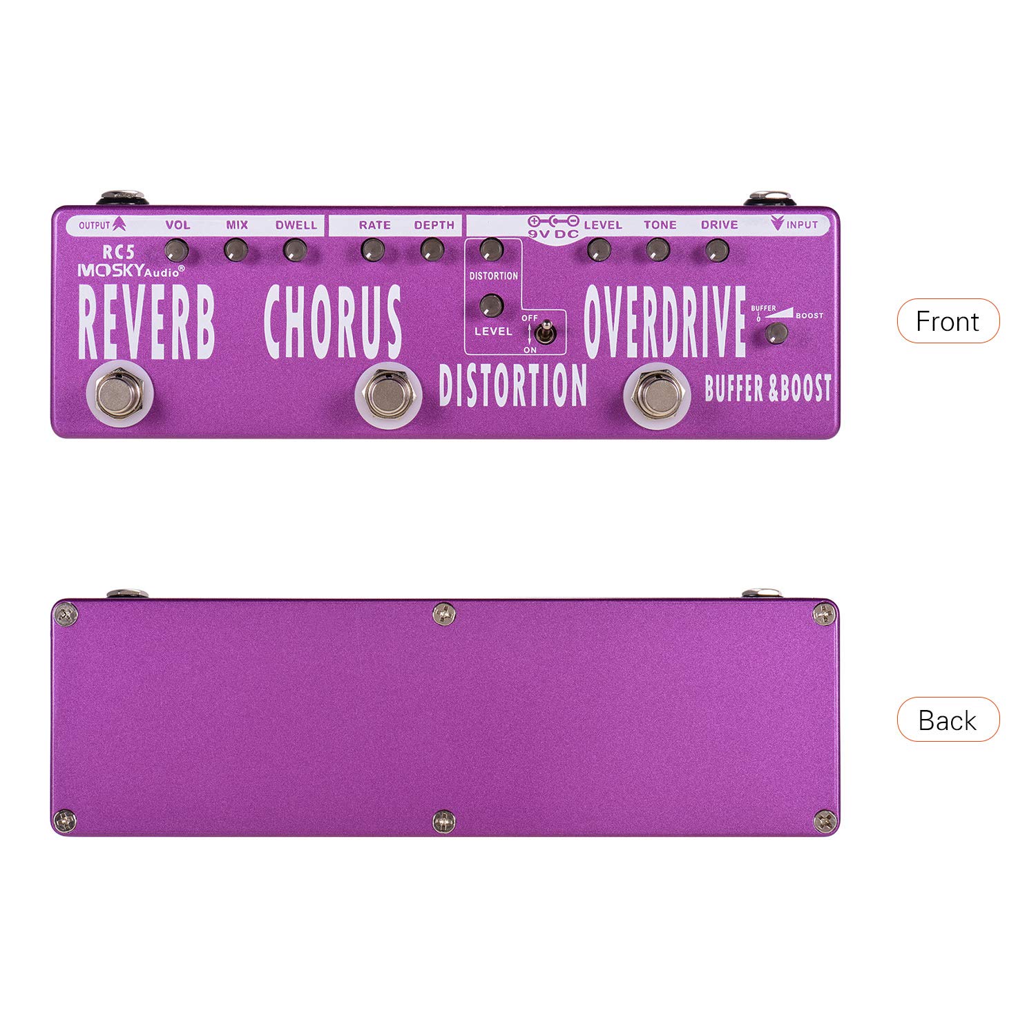 Pedał z wieloma efektami gitarowymi, RC5 6 w 1 gitara z wieloma efektami pogłosu + + zniekształcenia + Overdrive + Booster + bufor w pełni metalowa powłoka z True Bypass