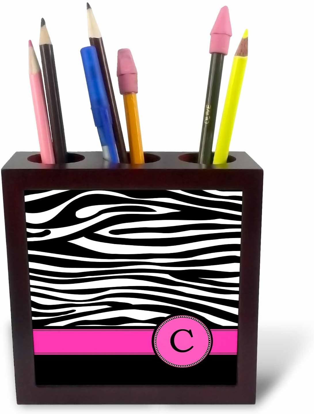 3dRose ph_154274_1 Letter C Monogrammed Black and White Zebra Stripes Animal Print with Hot Pink Personalized Initial Tile Pen Holder, 5"
