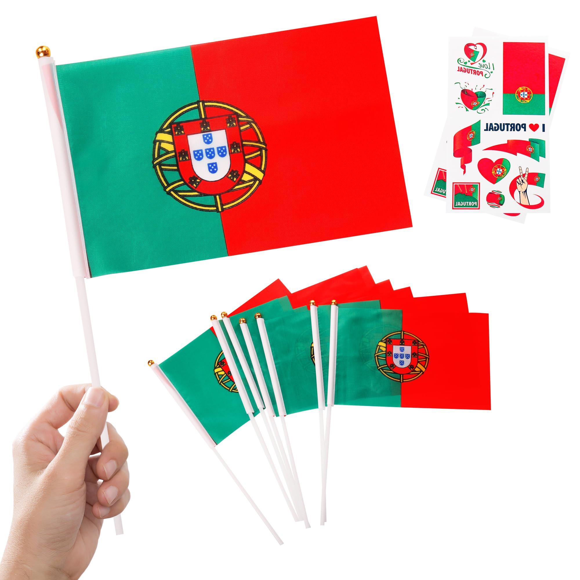 10pcs Small Portugal Flag on Sticks & 2pcs Tattoos, Portuguese Mini Hand Held Flags for Oly Games 2024 Sports Events