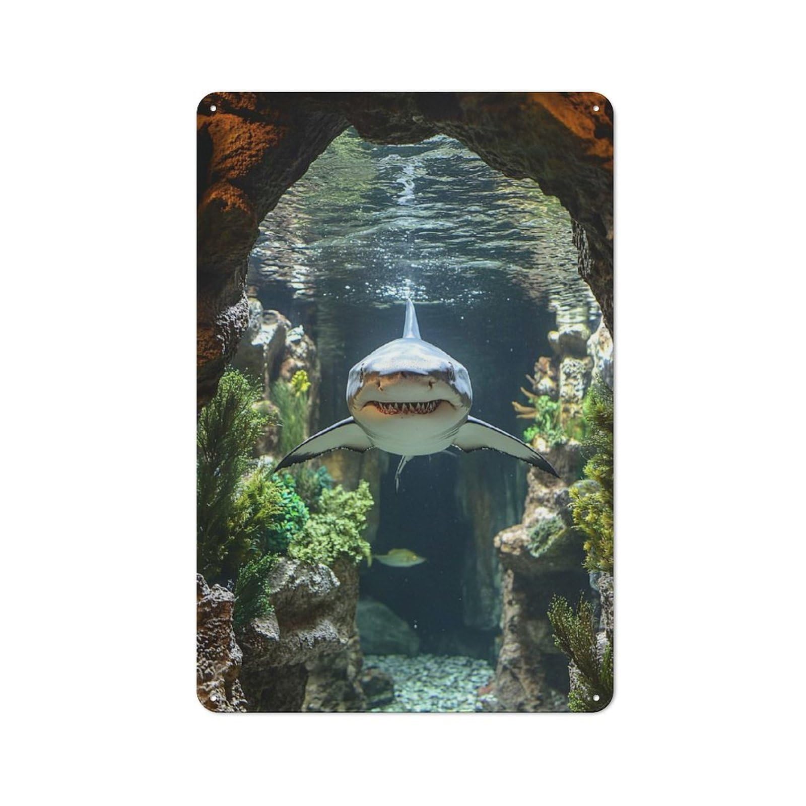 Junmoney Style-20 Shark Swimming Through Underwater Cave Decorative Tin Sign 30X20cm, Rustic Rustic Kitchen Decor For Kitchen, Cottage, Porch Or Garden Room