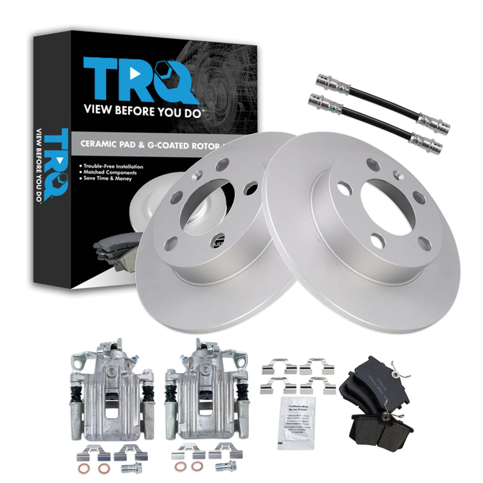 TRQ Rear Brake Pad and Rotor Set Ceramic G Coated Rotors Calipers Hoses Compatible with 1999 Volkswagen Jetta