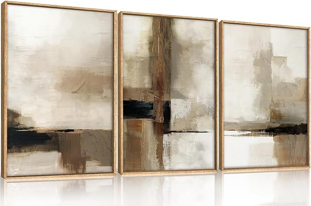 Ausril Grand Résumé Neutre Cadre Toile Wall Art Set,Brown Beige Wall Decor,Minimalist Black Wall Painting,Modern Brosse Stroke Ligne d'Art Imprimé pour le salon,Chambre,Bureau- 16"x24"x3