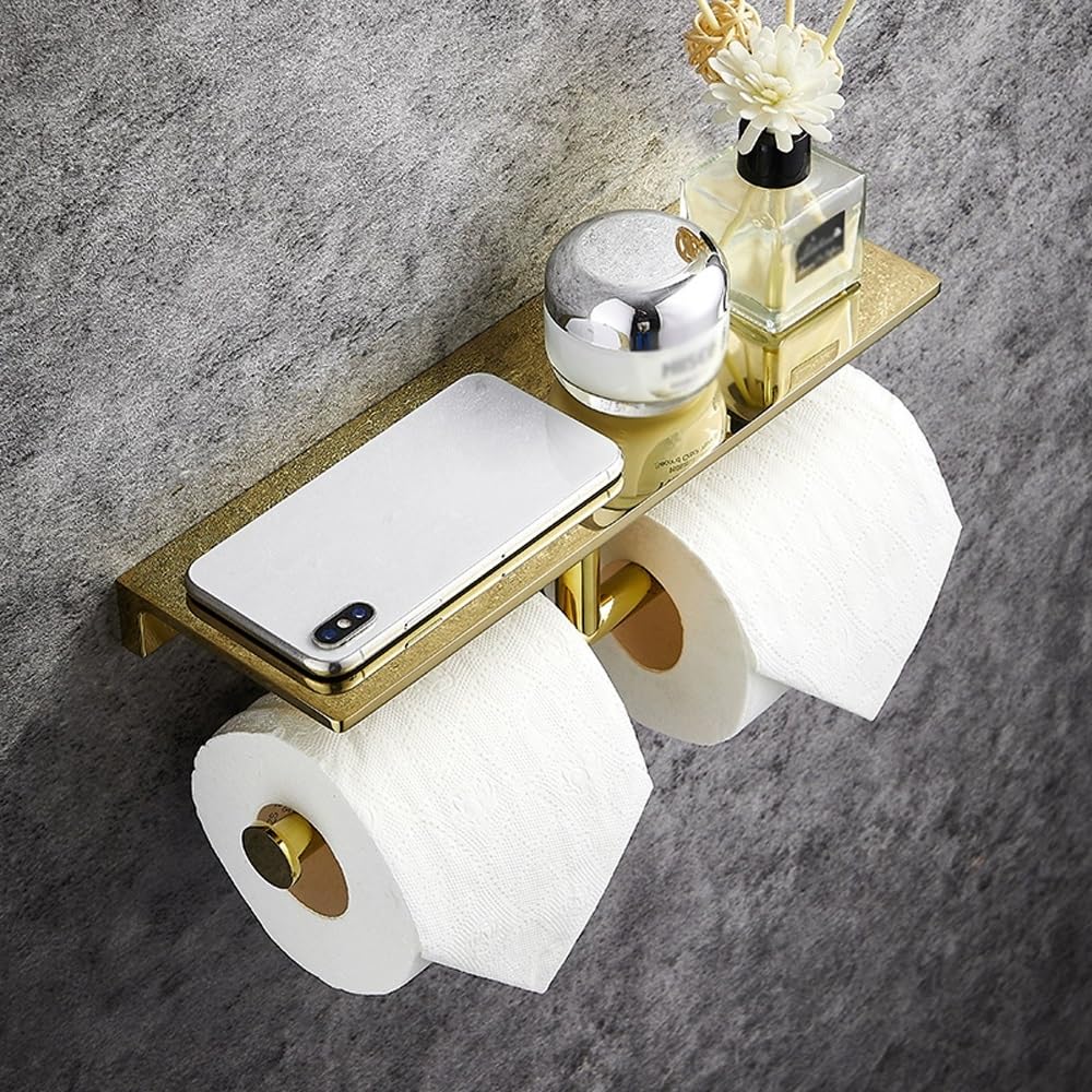 Portarotolo Doppio for Carta igienica con ripiano, portarotolo da Parete for Bagno, Dispenser for Carta igienica Commerciale in Ottone con ripiano for Telefono(White,30cm)