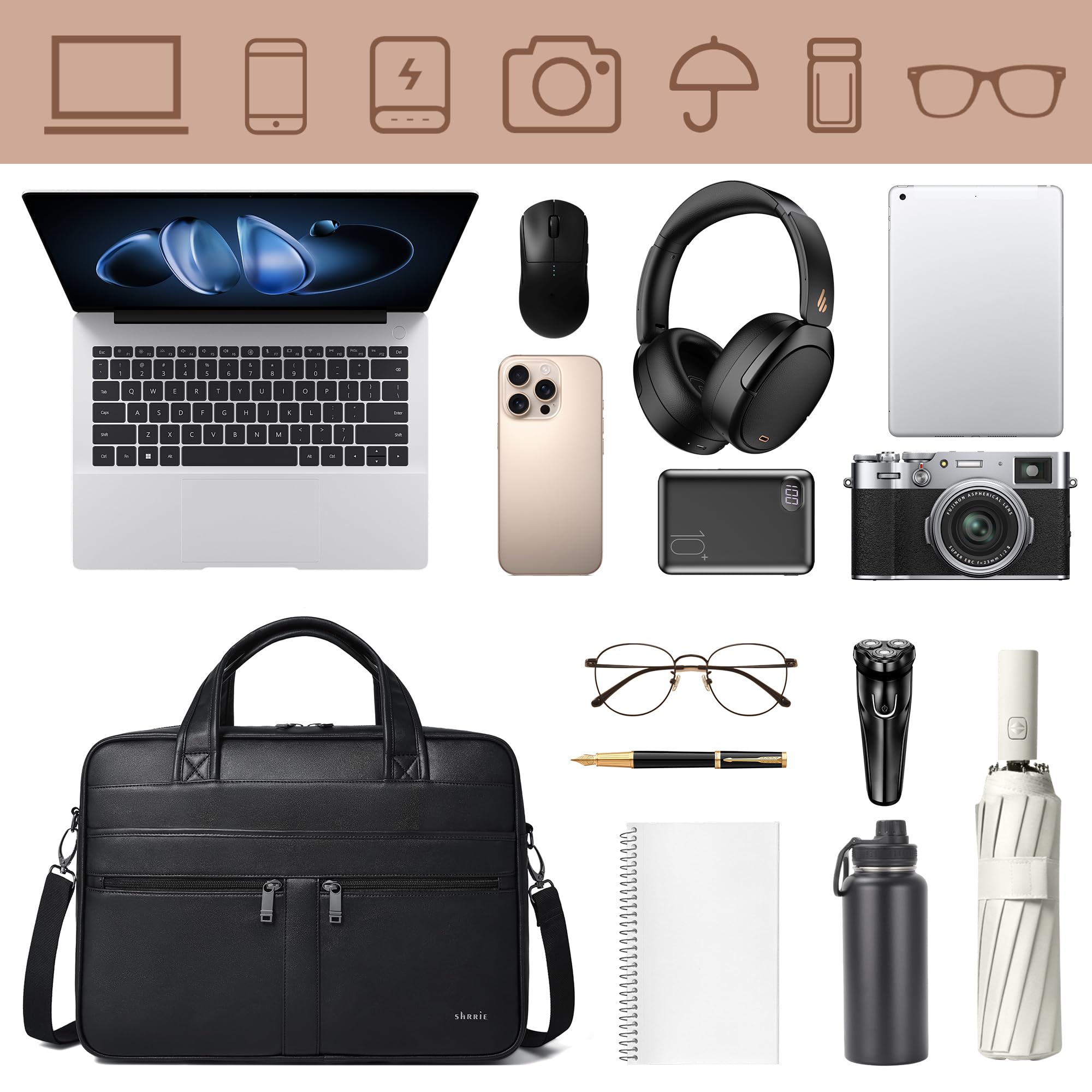Shrrie Bolso bandolera de cuero para hombres y mujeres, bolsa para laptop de 16 pulgadas, maletín de cuero retro resistente al agua para hombres, negocios, trabajo