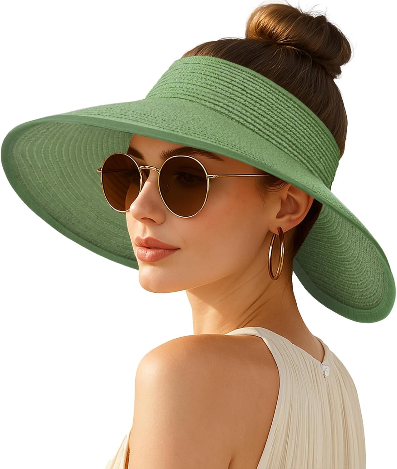 Women's Sun Visor Hats Wide Brim Straw Beach Hat Ponytail Hats for Women Foldable Floppy