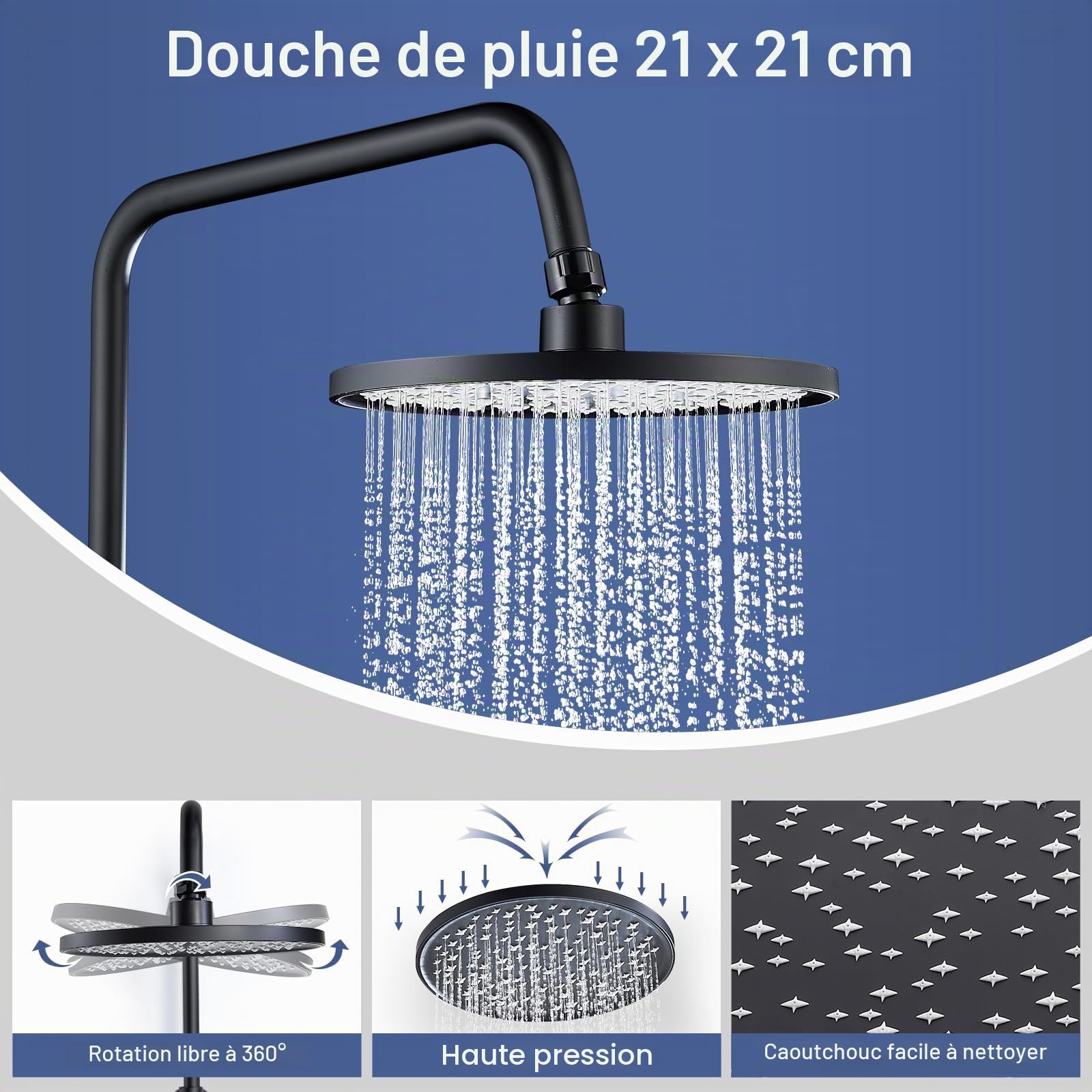 Colonne de Douche sans Mitigeur, Bevankly Noir Ensemble de Douche en Acier Inoxydable pour Baignoire Système de Douche Réglable en Hauteur pour Salle de Bain Pommeau Douche 21x21cm, Noir