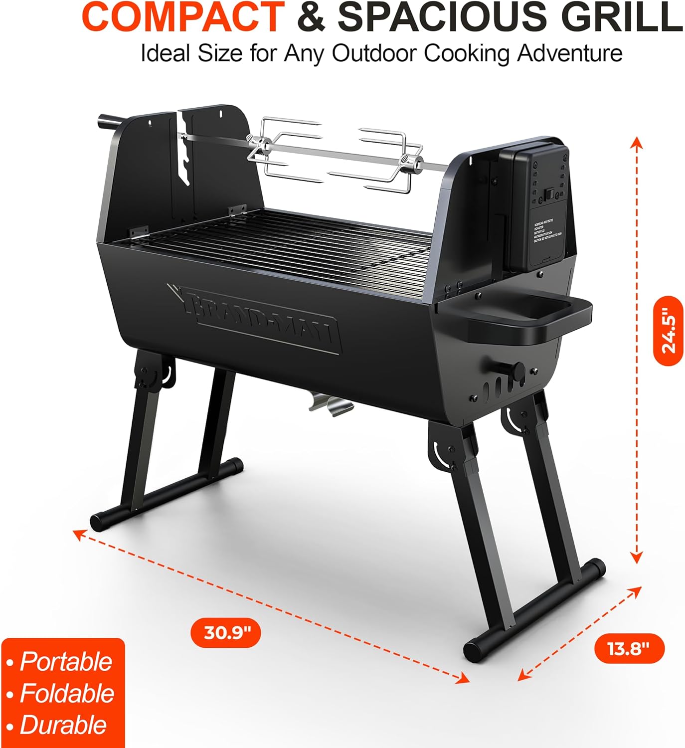 Brand‑Man 2‑in‑1 Charcoal BBQ Grill with Motorized Rotisserie – Portable, Foldable Grill, 257 sq in Outdoor BBQ Grill for Camping & Tailgate, Adjustable Height, Dual Vents