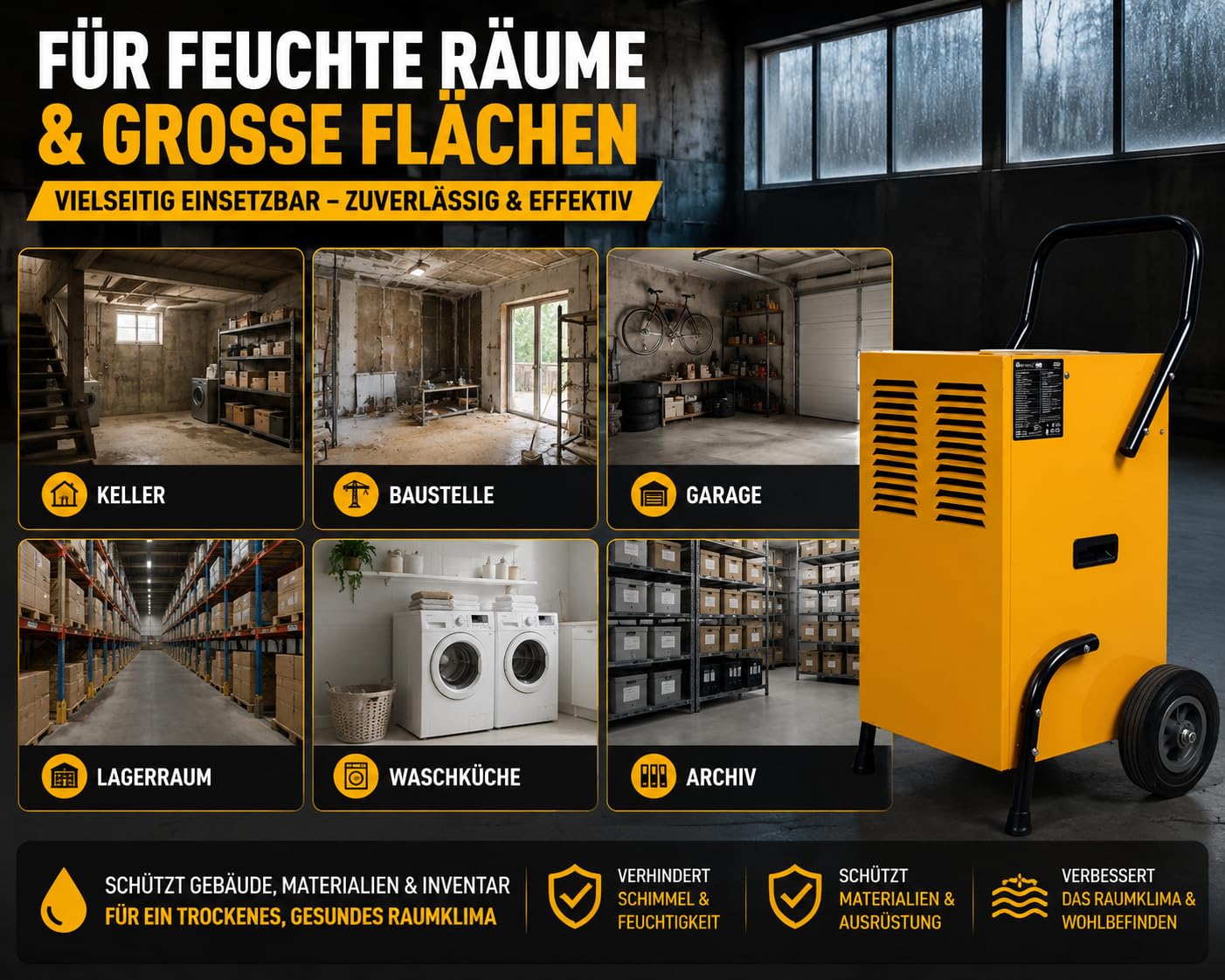 Luftentfeuchter 50 L/Tag mit Smart Control, Bautrockner für Keller und Garage, 5,5 L Tank, Dauerablauf