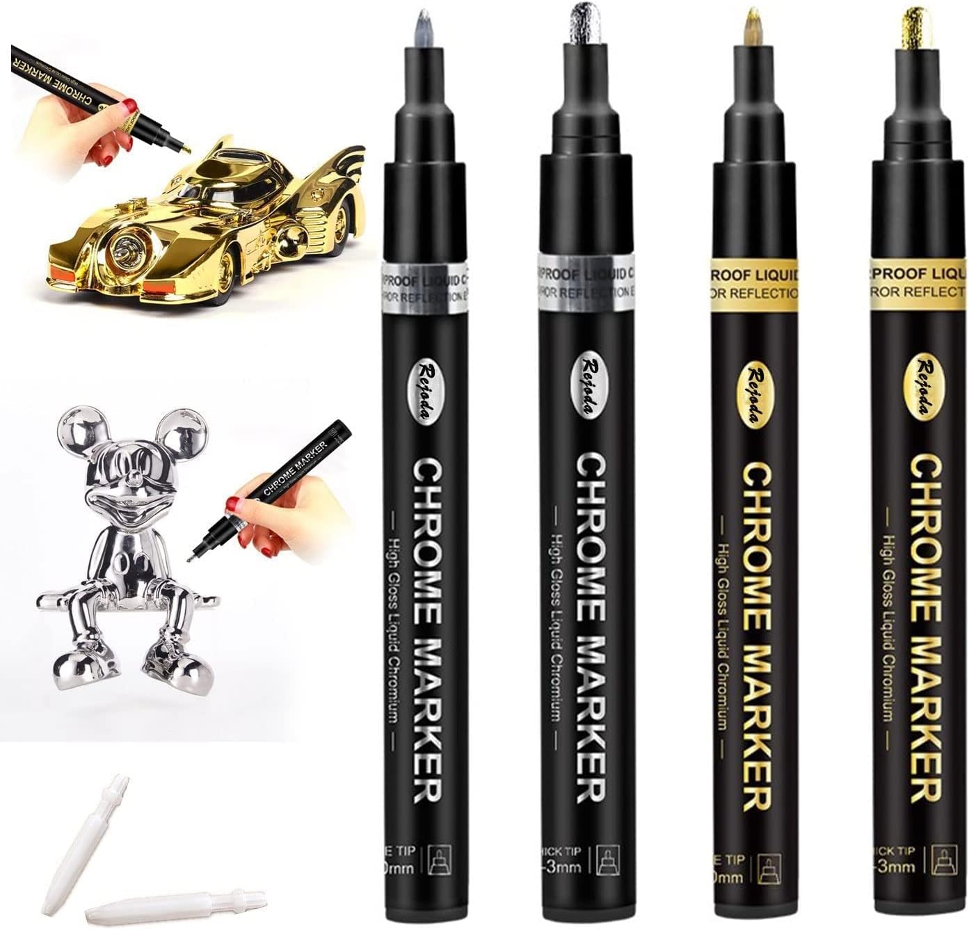 Acrylic Paint Pens, Liquid Mirror Chrome Marker, 4Pcs Reflective Gloss Metallic Marker, 1-3mm Permanent Art Paint Pen for Model Metal Plastic Cars Repair Tire, Rocks Painting, Wood, Fabric, Glass