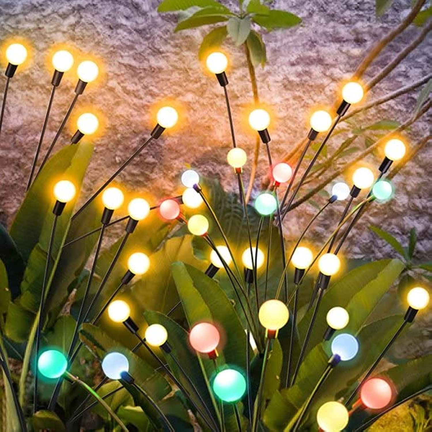 AUTOYSUR6/8 Heads Energy Saving Intelligent Light Control IP65 Waterproof Landscape Light Garden Firefly Shape LED Solar Lawn Stake Light Garden Supplies (6-Head, 2pcs Multicolor)