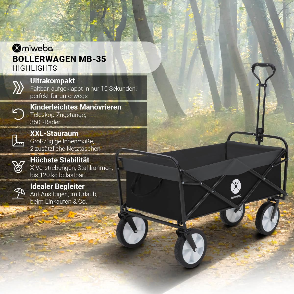 Miweba Faltbarer Bollerwagen MB-35 | Traglast 120 Kg - Klappbar - Handwagen faltbar - Transportwagen für Kinder - Kinderwagen - Gartenwagen - Wagen - Strandwagen - Faltwagen (Schwarz/Dunkelgrau)