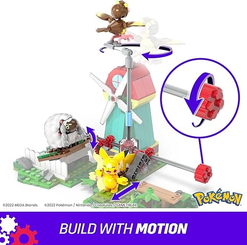 Miniatura 2 de MEGA Juego de juguetes de construcción de figuras de acción Pokémon, molino de viento de campo con 240 piezas, movimiento y 3 personajes posables,