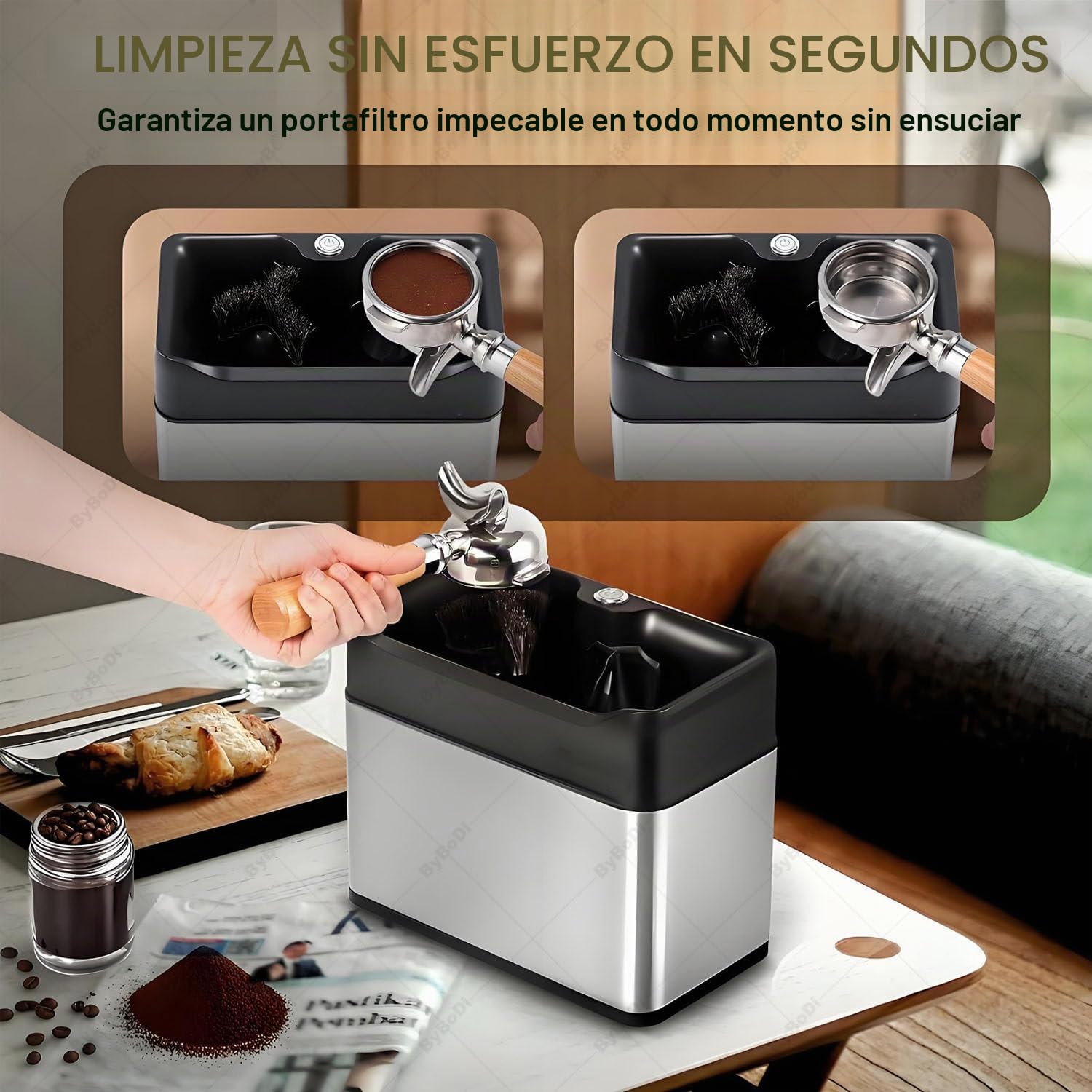Limpiador de portafiltros eléctrico, máquina automática para Limpiar posos de café, con 3 raspadores y 2 Cabezales de Cepillo, 3 l, 300 RPM para portafiltros de café de 51 mm y 58 mm Silver