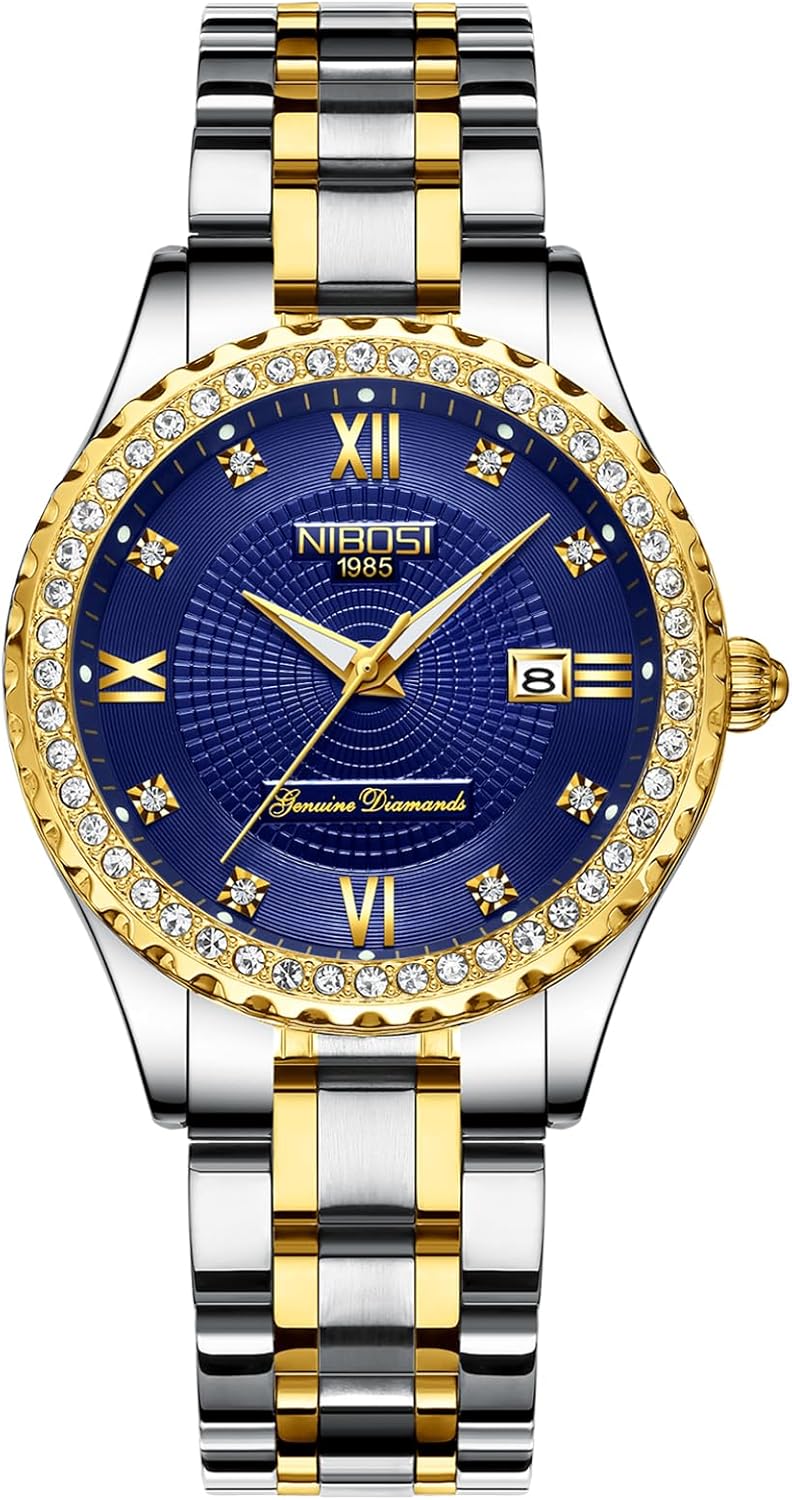 NIBOSI Women Watches Two Tone Diamond Watches for Women Luxury Dress Ladies Stainless Steel Waterproof Analog Quartz Watch Date Luminous Wrist Watches