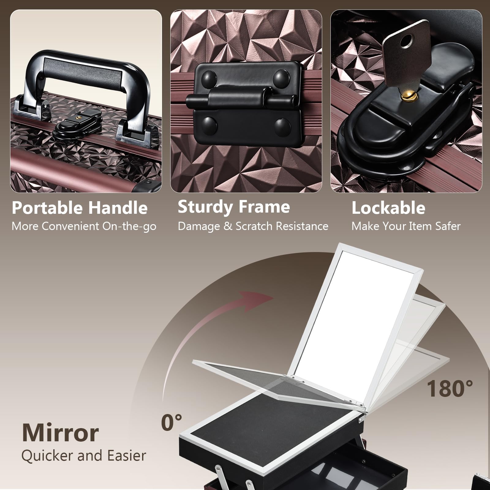 Joligrace Portable Makeup Train Case with Mirror and 2-Tier Trays