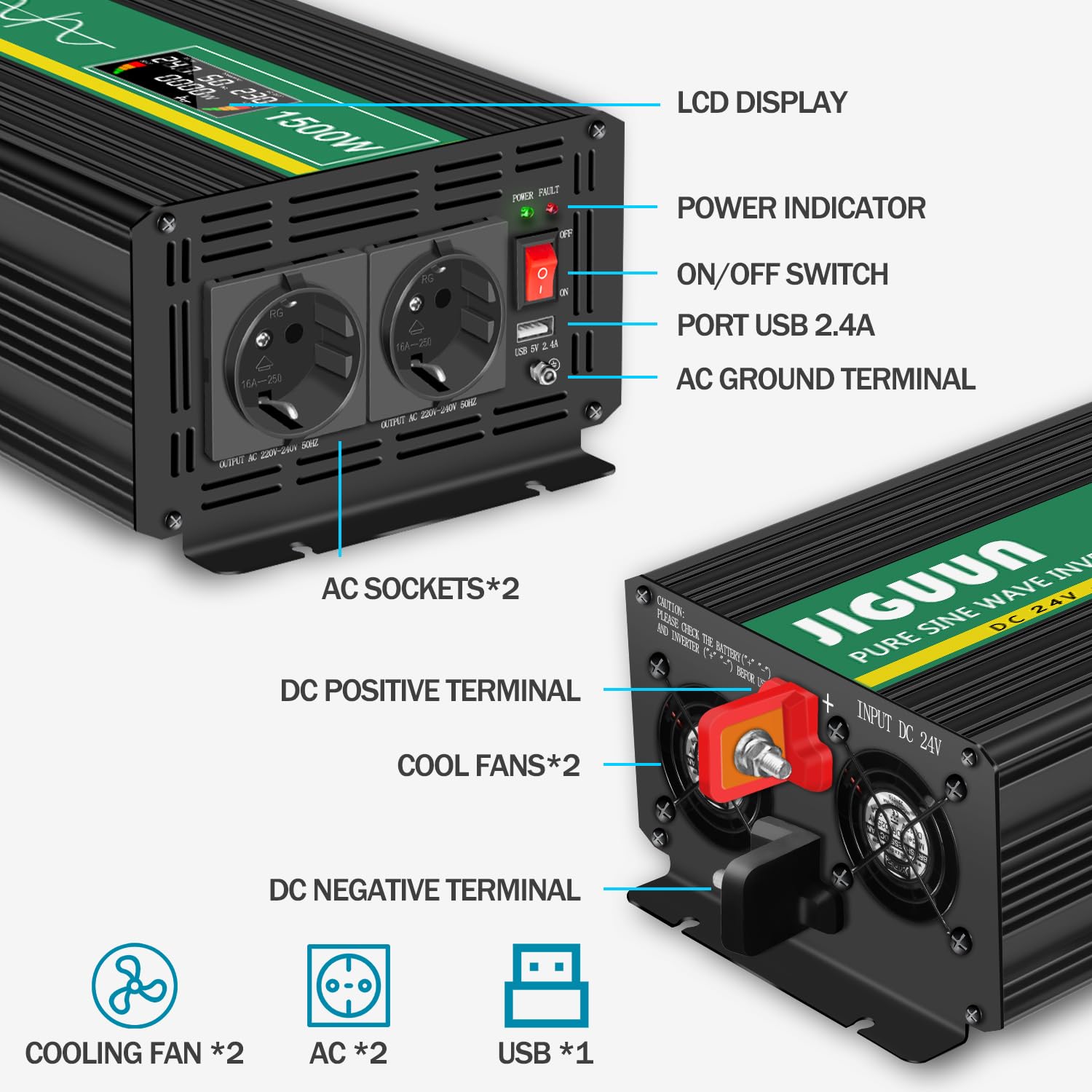 JIGUUN 1500W Inversor 24V 220V Onda Pura Convertidor Inverter con 2 Tomas UE y un USB，Mando a Distancia inalámbrico e indicador LCD，Potencia máxima 3000W para RV, Viajes, emergencias