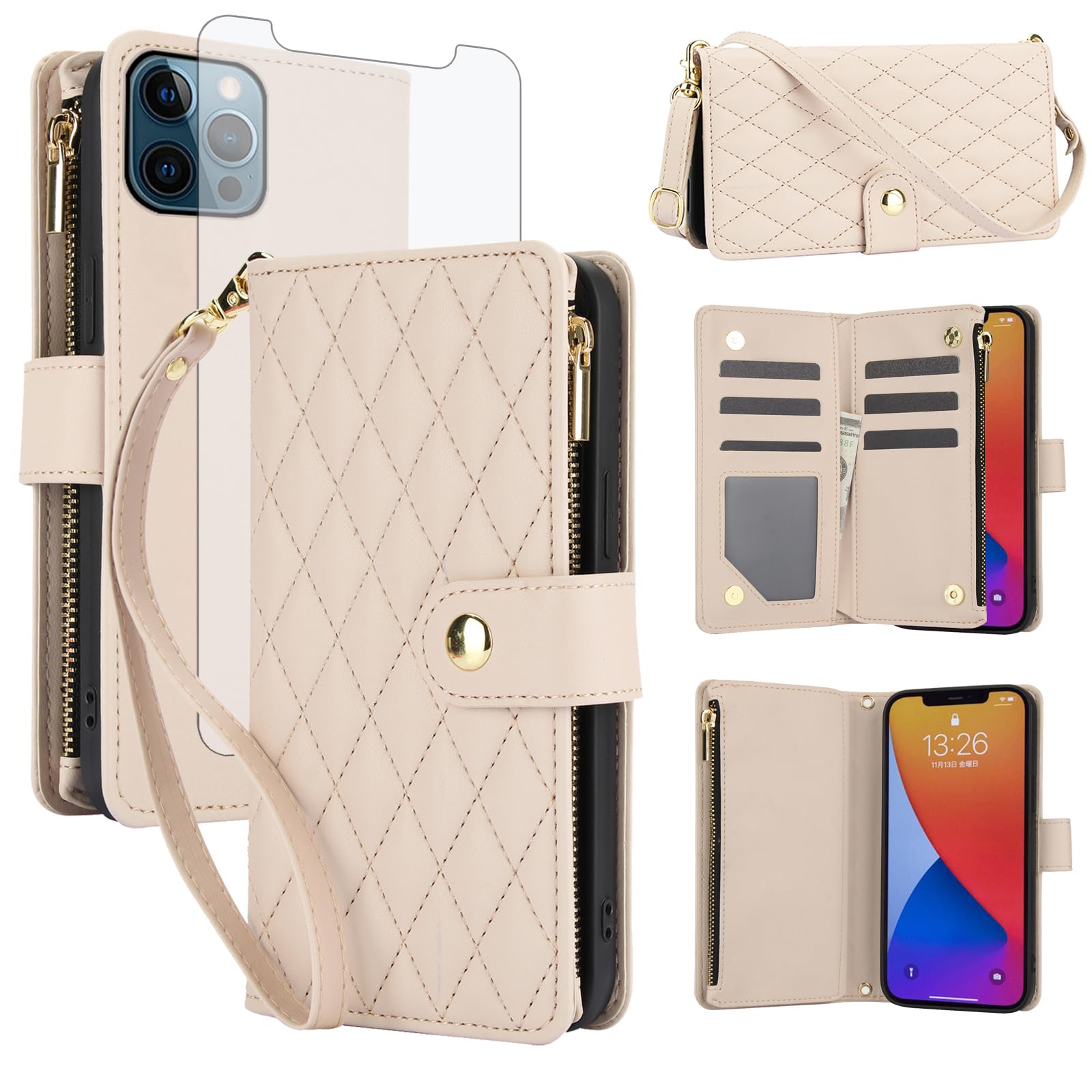 Asuwish Handyhülle für iPhone 12 Pro Max Hülle mit Band Folie Schutzfolie Kartenfach Klappbar Leder Geldbörse Ständer i 12Pro ProMax 12ProMax MaxHülle Handy Hüllen Schutzhülle Wallet Phone Case Weiss