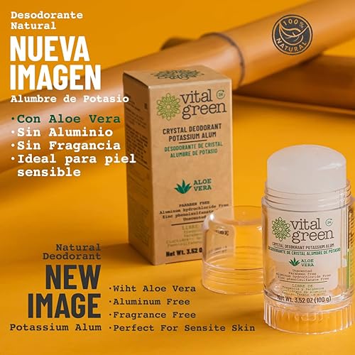 Miniatura 2 de Vital Green Crystal Potassium Alum Desodorante con Aloe Vera  Desodorante mineral sin perfume para pieles sensibles  3.53 oz  100 g (6 unidades)