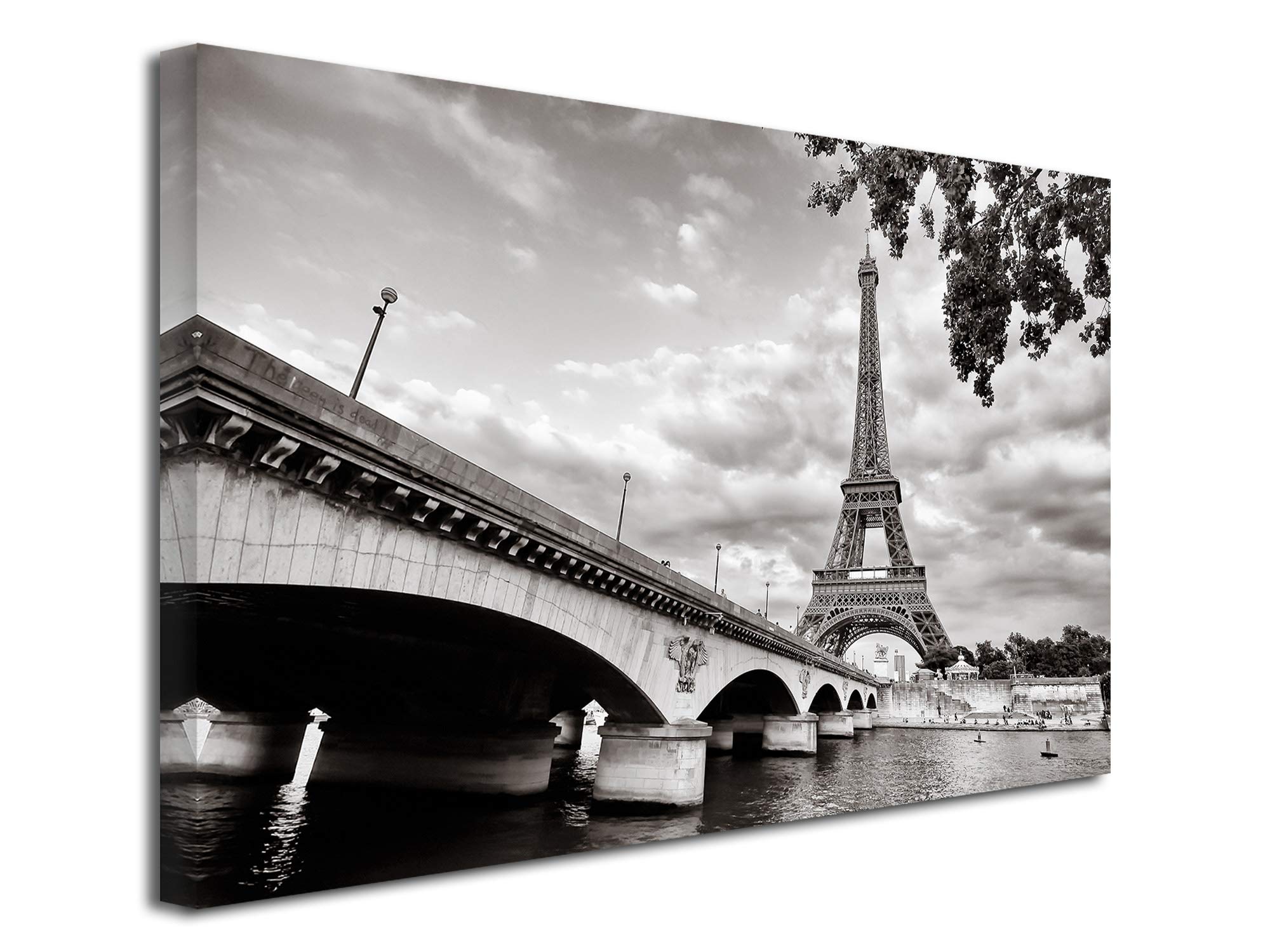 DECLINA Tableau Noir et Blanc la Tour Eiffel - Impression photo ville sur toile décoration murale paysage - Déco maison, cuisine, salon, chambre adulte - Multicouleur 100x60 cm