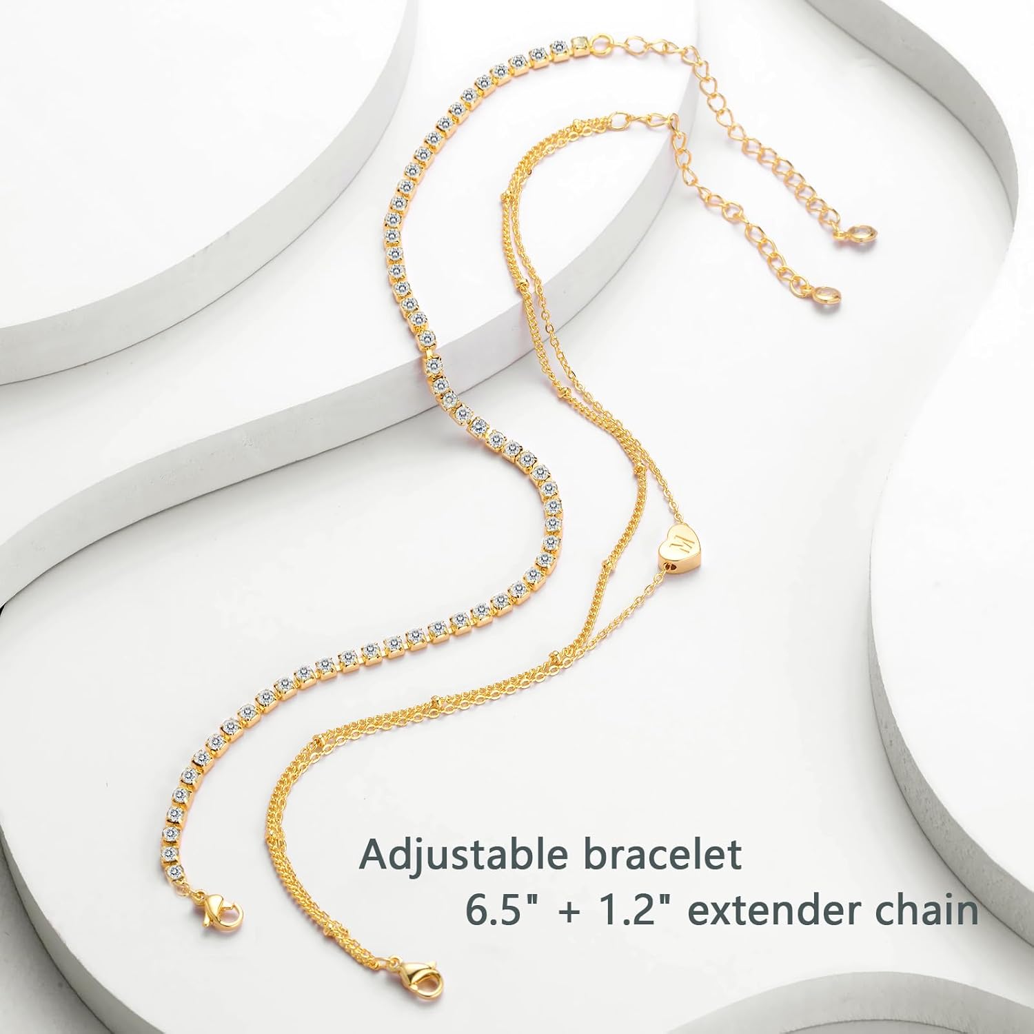 YANODA Gold Initial Bracelets for Women, 14K Gold Plated Bracelet Sets Trendy Gold Bracelet Stack Dainty Heart Letter Initial Bracelets Adjustable Tennis Bracelets Personalized Jewelry for Women - Image 6