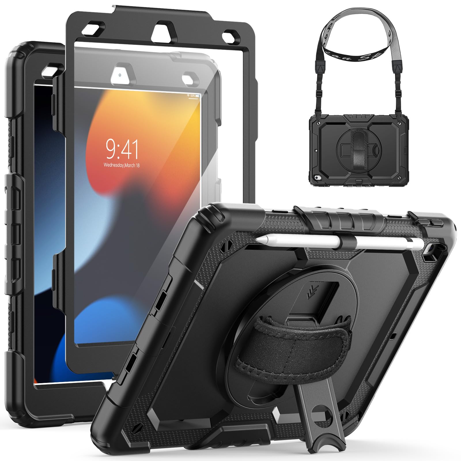 Sponsored Ad – SEYMCY for iPad 9th/8th/7th Generation Case 10.2 inch, Shockproof Sturdy Cover with 360° Rotating Hand Strap & Stand, Screen Protector, Shoulder Strap, Pen Holder for iPad 9/8/7 gen 2021~2019, Black