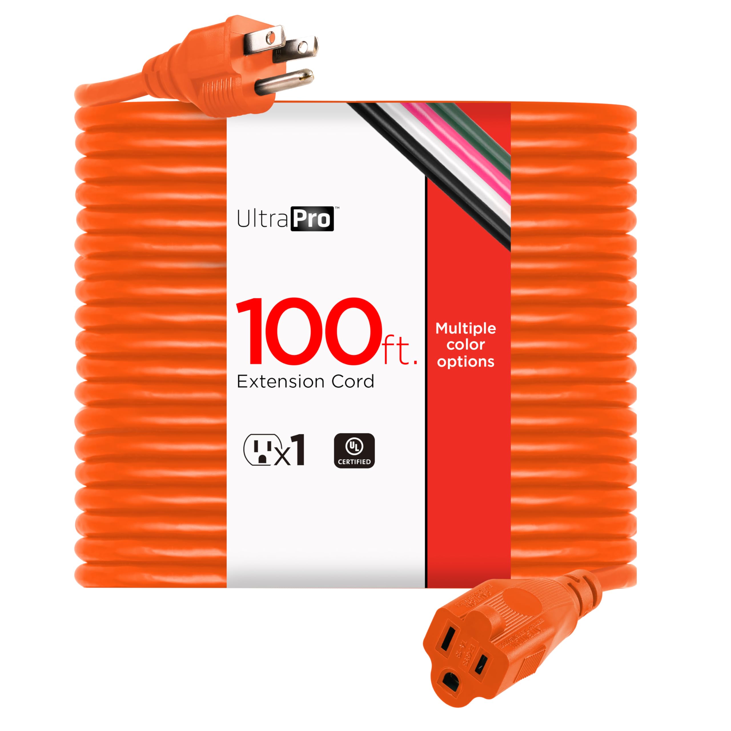 UltraPro Outdoor Extension Cord, 100 Ft, Heavy Duty Extension Cord, UL Certified 3 Prong Extension Cord, 16 AWG 125 VAC Extension Cord Outdoor, Multipurpose Long Extension Cord, 1 pack, Orange, 51923
