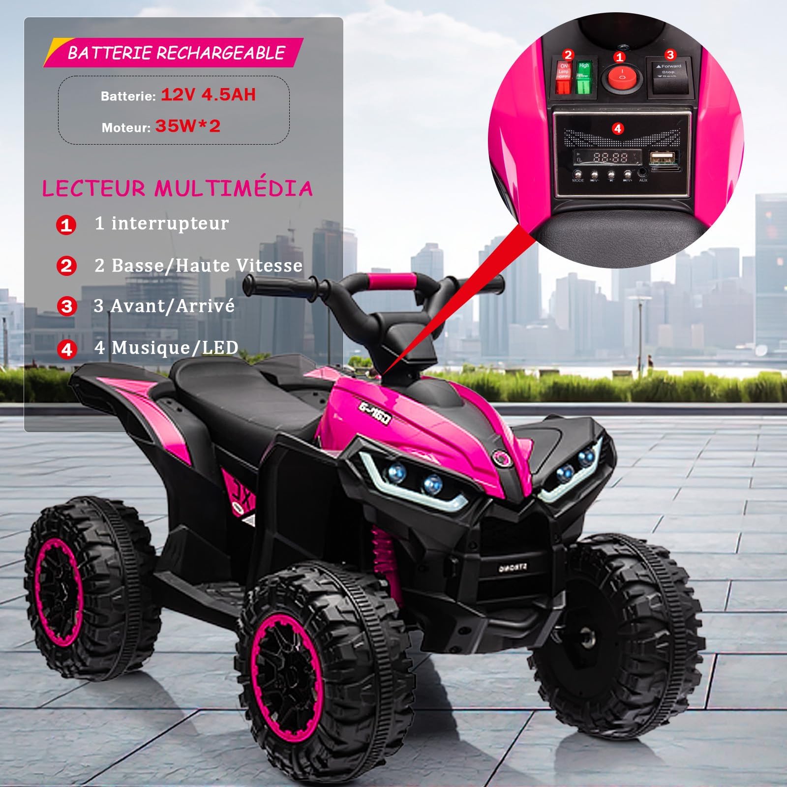GarveeHome Quad Elettrico Per Bambini 12V ATV Con Telecomando | Musica, Bluetooth, Luci LED, 83x53x56 cm. Max 35 kg. Perfetto per casa e giardino. Regalo 3+ anni.