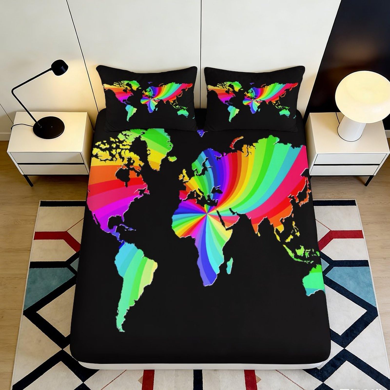 3D Printed Rainbow World Map Fitted Sheet Microfiber Soft Durable Vibrant Bed Cover for Bedroom Dormitory Guest Room Mattress Protection 140x200x25cm