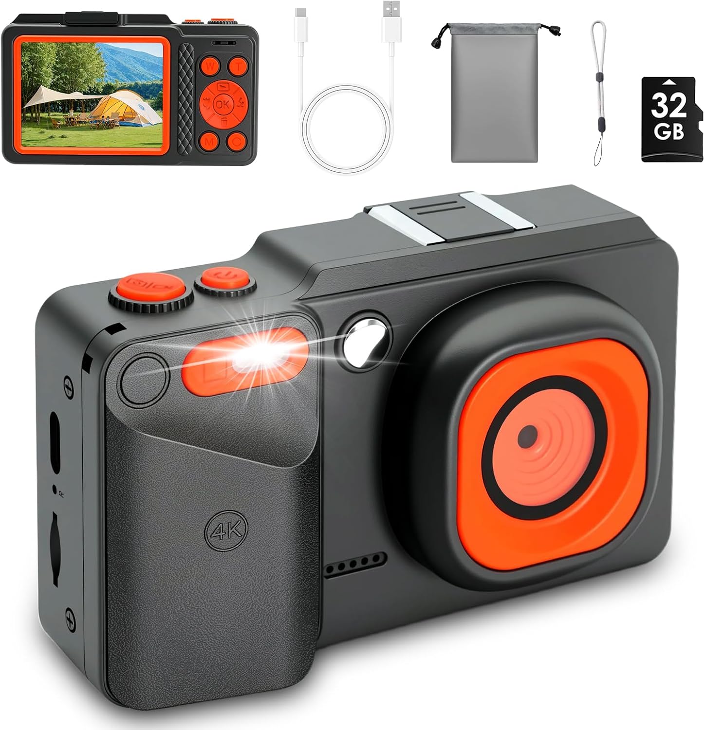 digital camera 4k 72mp camera photo camera 32gb card 16x digital zoom 2.8 inch compact camera digital camera for vintage digital camera for children teen boys girls 10-18 years black