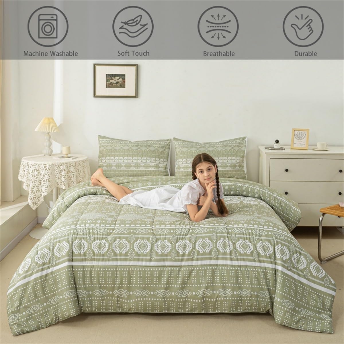 Boho Stripe Comforter Set Queen Size Bohemian Aztec Comforter Folkloric Art Bedding Set Girls Women Teens Green Comforter Set with 2 Pillow Cases Exotic Tribal Quilt Set for College Dorm Soft Duvet