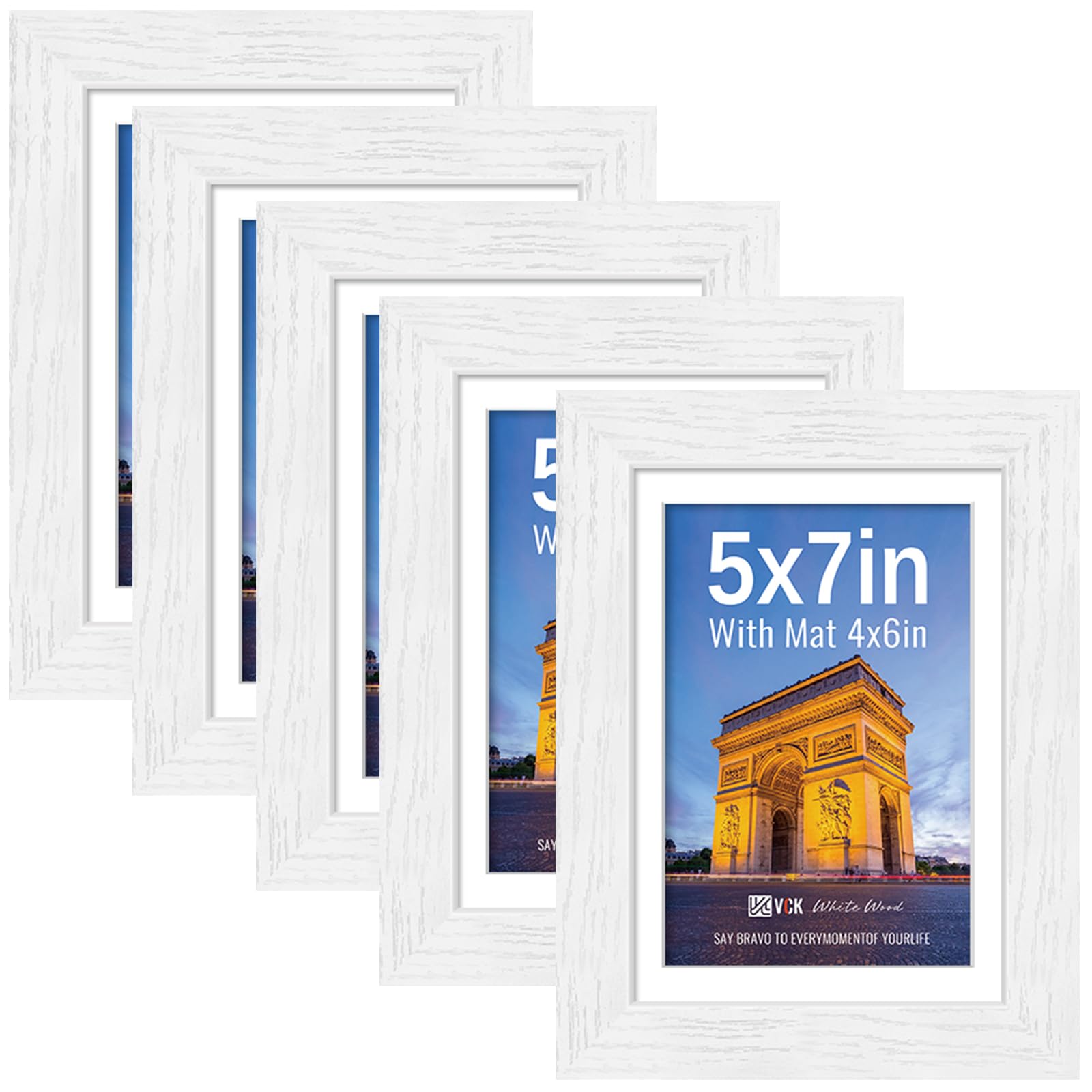 VCK 5x7 Picture Frame 5 Pack, White Exclusive Wood, HD Glass, for Photo