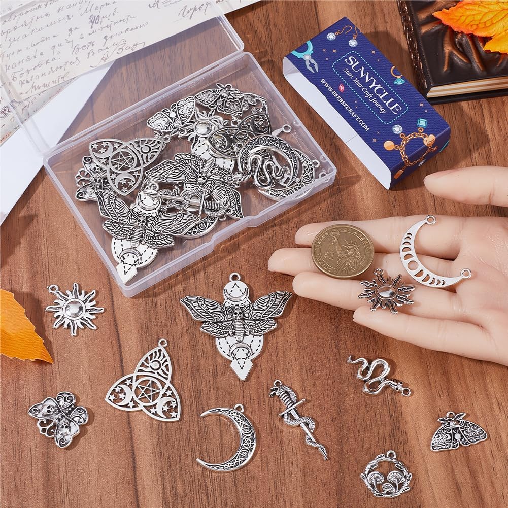 SUNNYCLUE 40PCS 10 STYLES Gothic Charms Tarot Charms Bulk Goth Tibetan Antique Silver Moth Butterfly Skull Moon Phase Snake Magic Charm Bulk for Jewelry Making Charms Diy Earrings Necklace Craft - Image 3