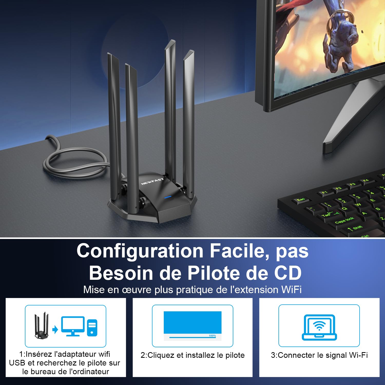 NEWFAST AC1300 Mbps Clé WiFi pour PC U329, Clé WiFi Puissante Double Bande 5G/2.4G Clé Wi-FI USB 3.0, MU-MIMO, Adaptateur USB Wi-FI avec 4 Antenne 6dBi, Compatible avec Windows XP/7/8/8.1/10/11