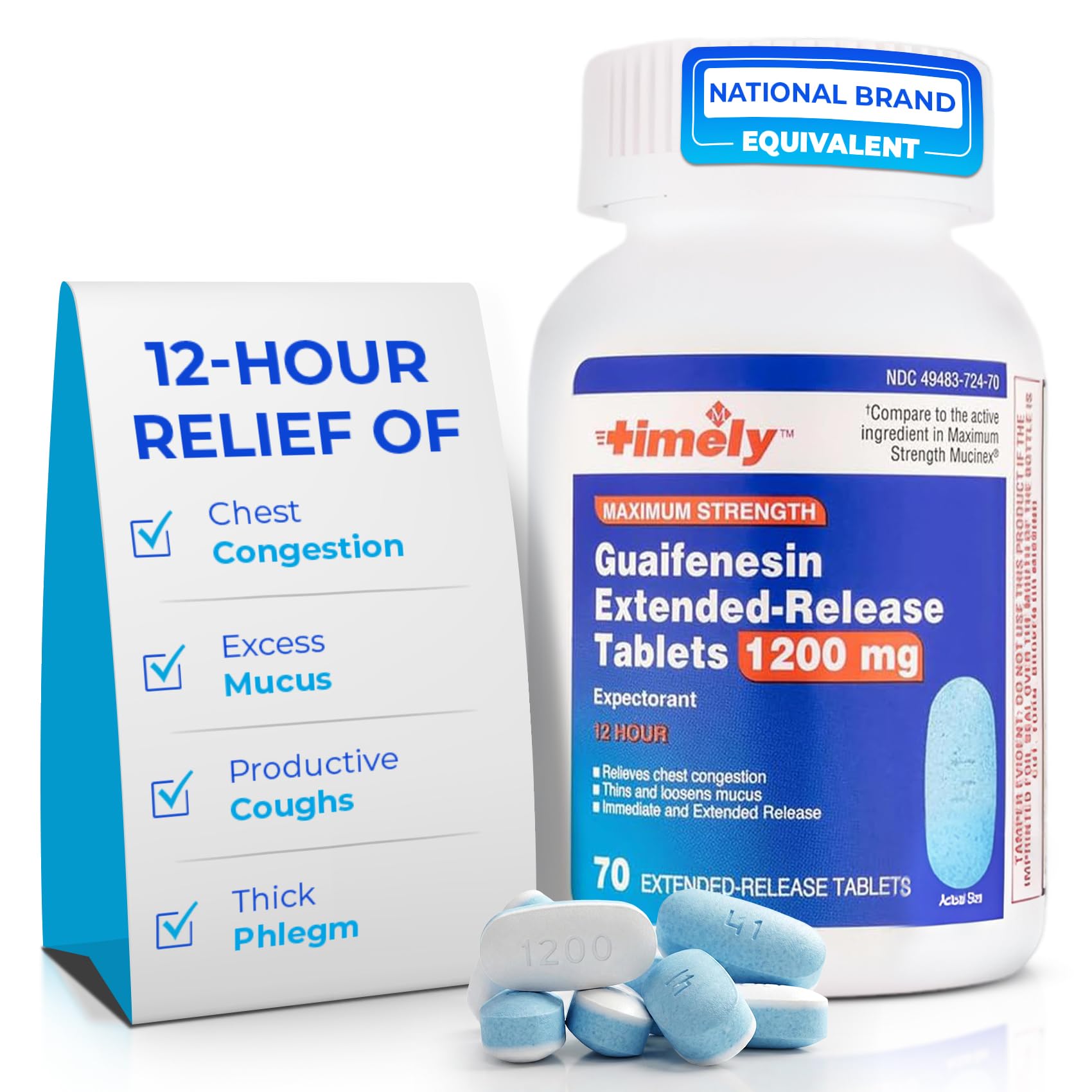 TIME-Cap Labs Guaifenesin 1200mg Extended Release, Maximum Strength Mucus Relief Expectorant for Adults, 12 Hour Chest Congestion Support Tablets, 70 Count