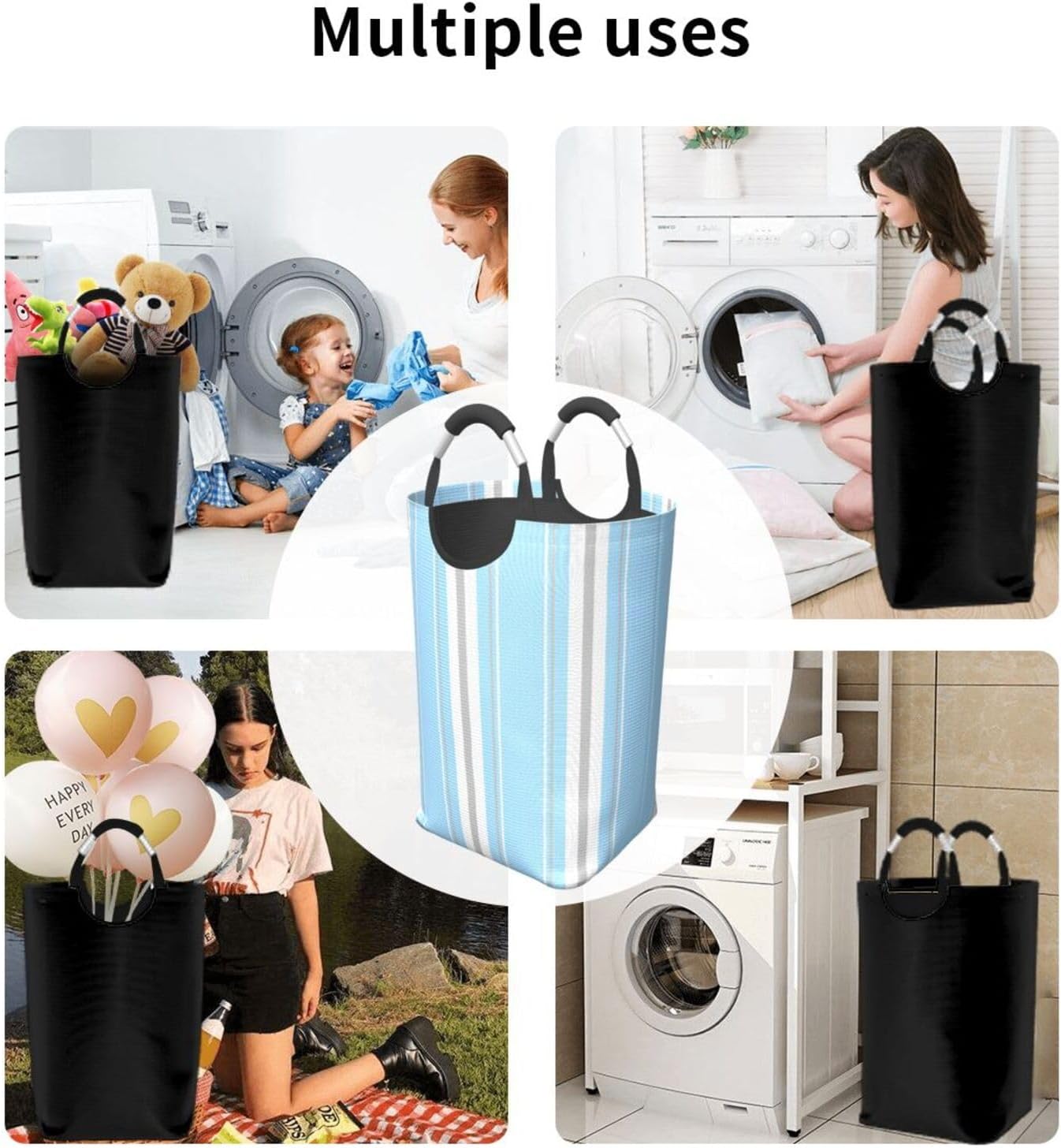 Large Laundry Basket, Sky Blue, Gray and White Stripes Laundry Hamper Bag Collapsible Washing Bin With Handles for College Dorm, Family Essentials Storage