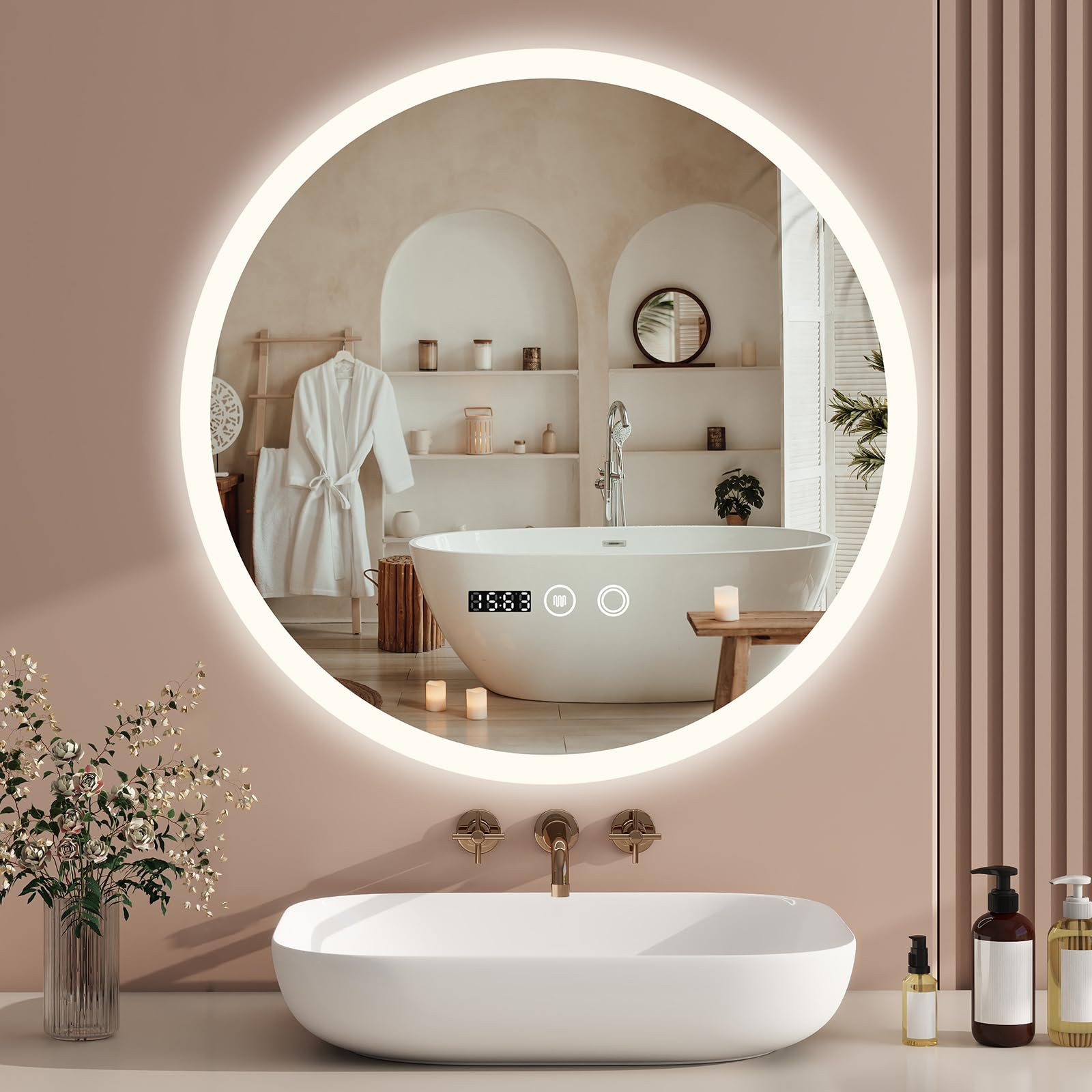 YU YUSING Badspiegel LED Rund Badezimmerspiegel mit Beleuchtung 50x50cm | 3 Lichtfarbe Einstellbare, Wandspiegel mit Touch-Schalter Spiegel Badezimmer Anti-Beschlag Timer-funcktion IP44
